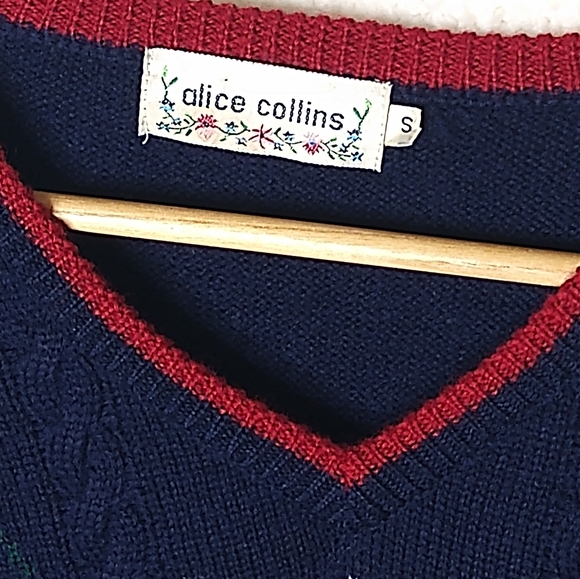 Alice Collins Navy Sweater with Argyle Design 100% Wool Women's Size Small - Picture 3 of 7
